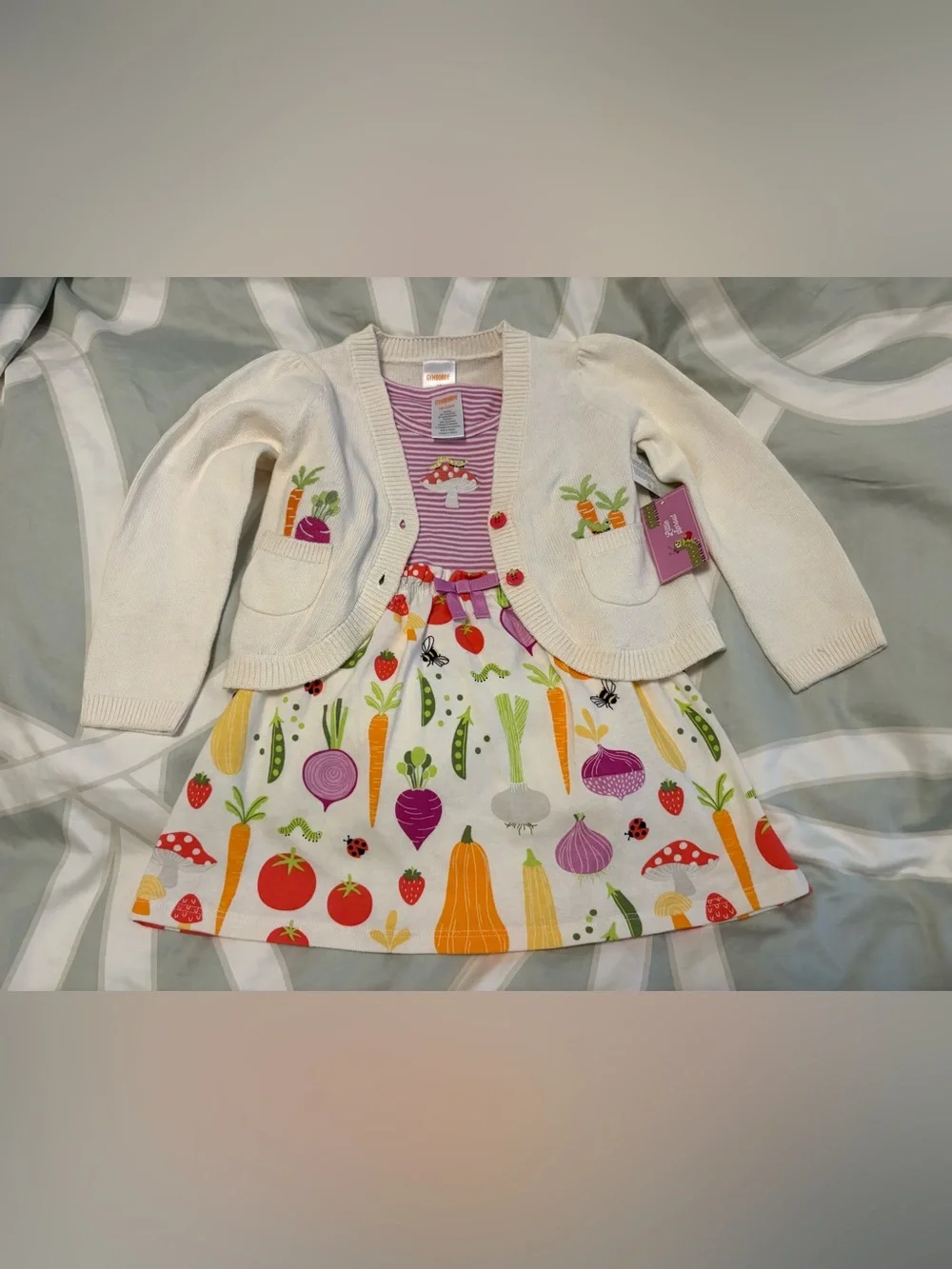 Gymboree Cream Cardigan and Vegetable Print Dress with Purple Stripe Bodice